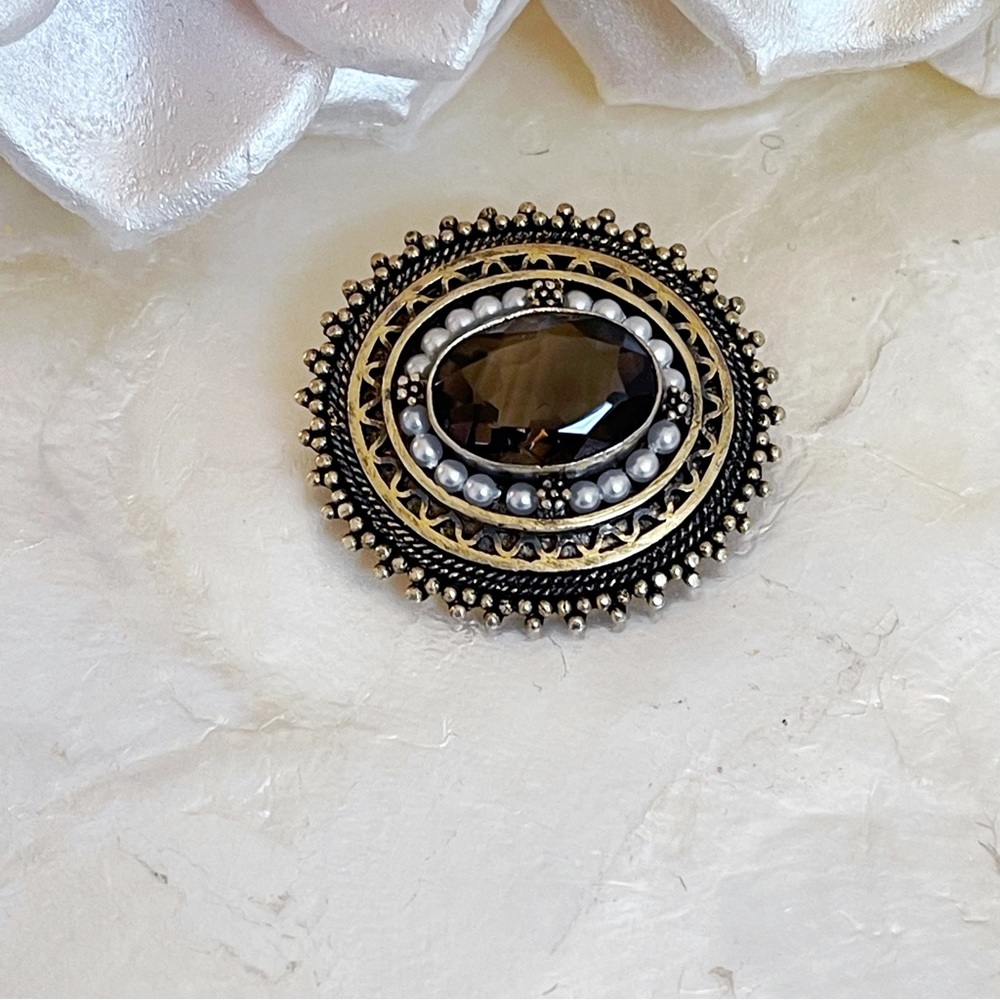 Victorian style faux Pearl smoky quartz oval brooch pendant 925 Sterling